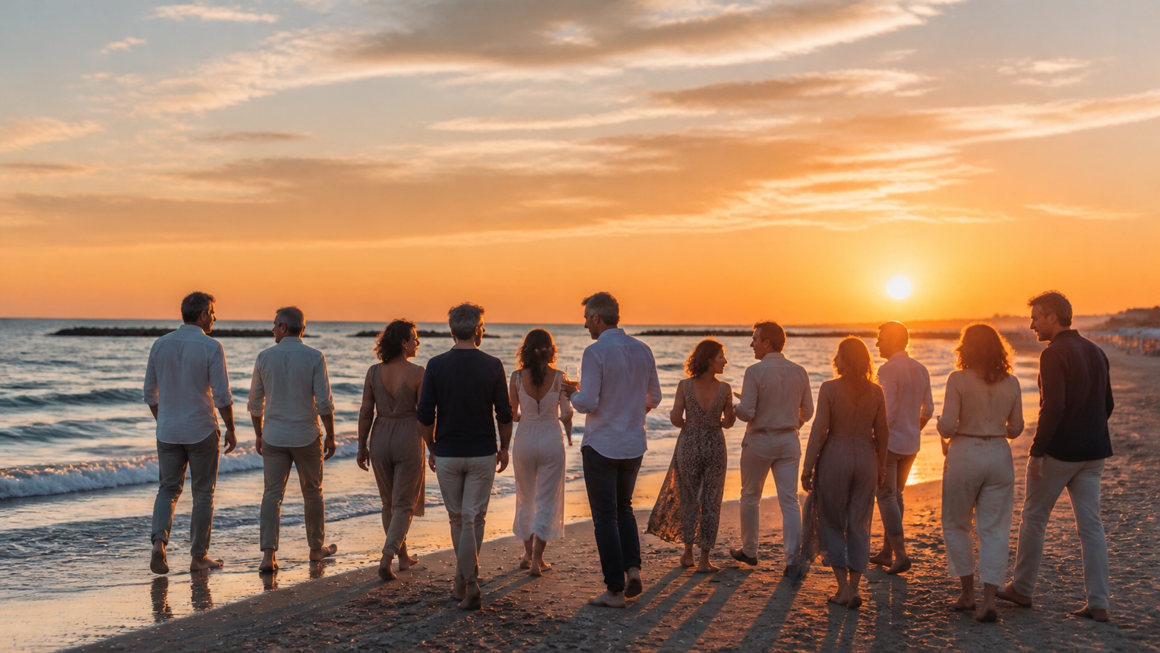 Un gruppo di ospiti sulla spiaggia di Bellaria al tramonto, davanti al mare